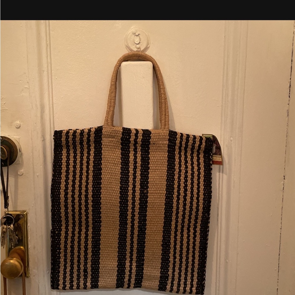 French hand woven Striped Tan and Black Tote Bag, great for travel,